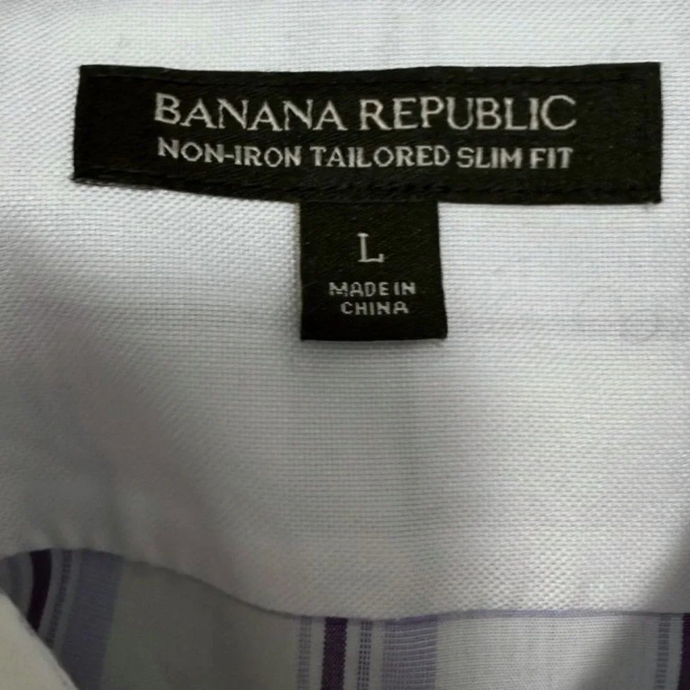 Banana Republic Mens L Non-Iron Tailored Slim Fit Purple White Plaid Dress Shirt